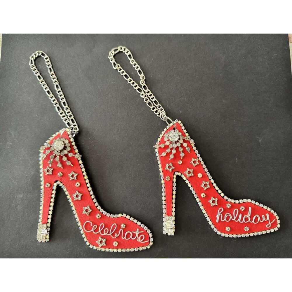Handmade Red High Heel Christmas Ornaments Set of 2 Vintage Jewelry OOAK
